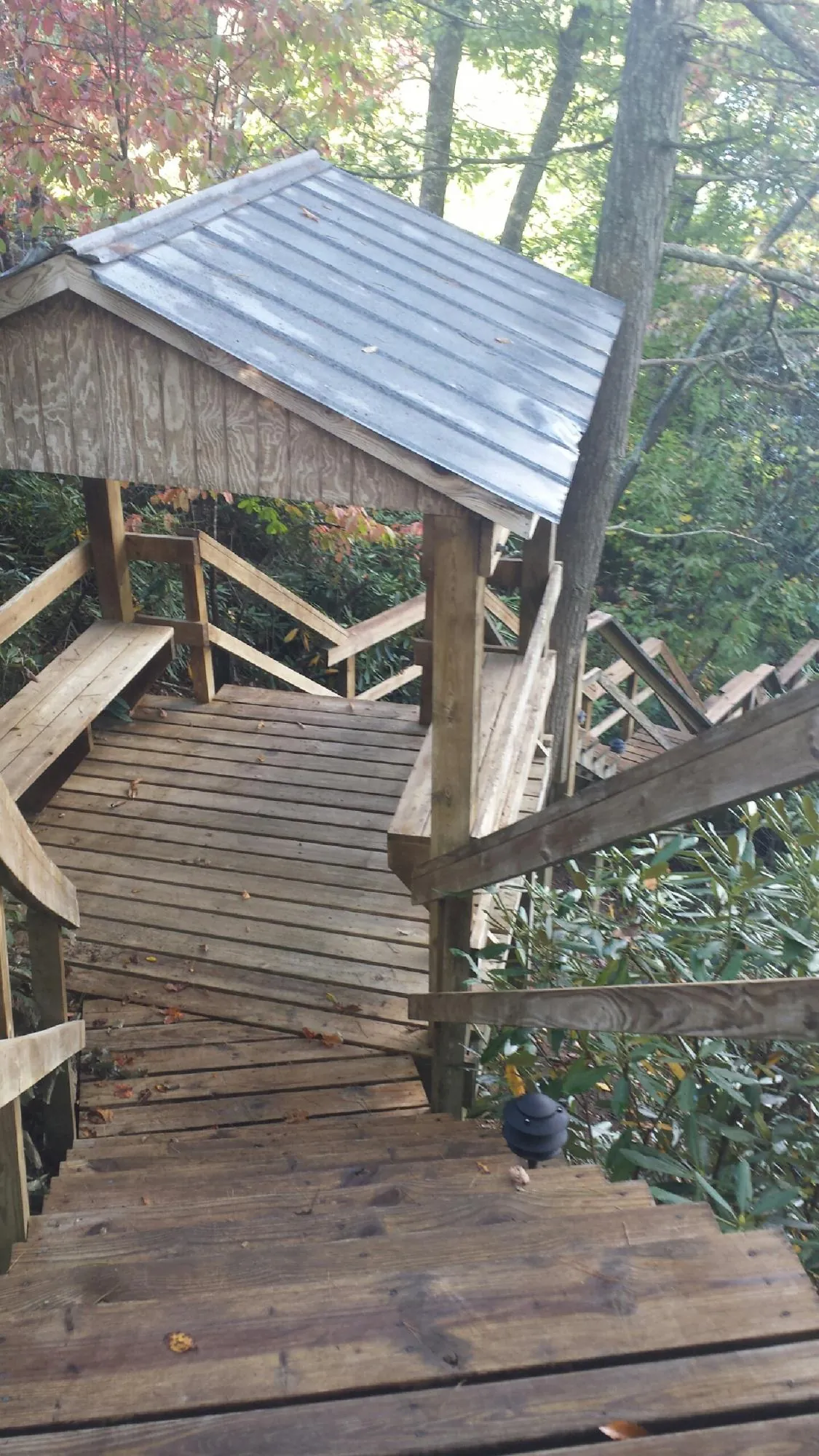 Metal roofed shelter over wooden steps on a wooded walkway — Skylight Repair & Installation work by our crew in Lidgerwood